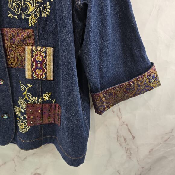 Vintage Denim Jacket Womens Large Jean Button Patchwork Paisley Red Gold - Picture 4 of 12